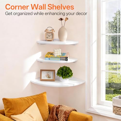 Gieanoo White Corner Wall Shelf 7inch Solid Oak Wood Floating Corner Shelf with Wire Hole Corner Wall Storage Display Shelves for Living Room Bedroom Bathroom Kitchen - color: White, size: 7in 1-Pack
