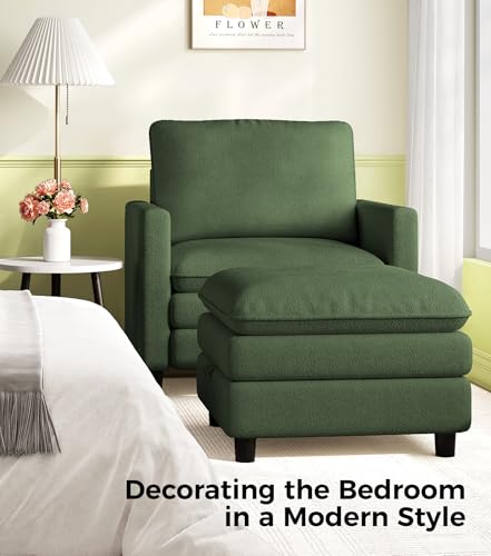 Welzona 3-Layers Cloud Accent Chair with Ottoman, 33" Teddy Reading Chair | Comfy Teddy Fabric, Washable Covers, Tool-Free Setup, All-wood Arm Chair and Ottoman Sets for Living Room, Bedroom, Green - color: Green, size: cloud chair & ottoman