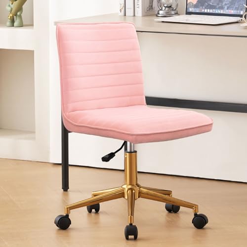 Furnimart Pink Swivel Armless Desk Chair with Wheels, Small Velvet Upholstered Home Office Desk Chair Mid-Back Adjustable Chair for Teen Girl Vanity Desk Bedroom Dorm Living Room (Velvet-Pink) - color: Velvet-pink