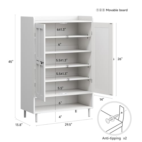 Shoe Cabinet with Cross Molding Doors, 6-Tier Storage, White | 45'' Tall Shoe Storage Organizer with 3 Adjustable Shelves & Metal Legs, Freestanding Wood Shoe Rack for Entryway, Front Door - color: White