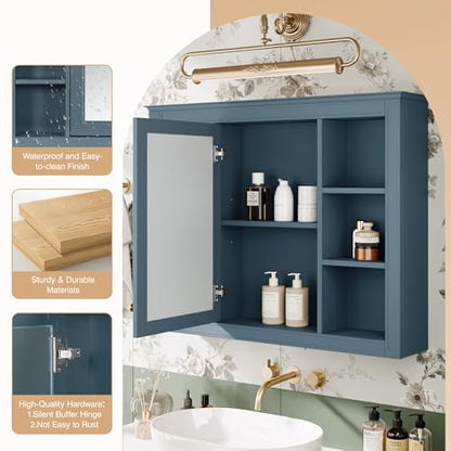Wall Mounted Medicine Cabinet, Bathroom Storage Cabinet with Mirror Door and 6 Adjustable Open Shelf (7.3" D x 35" W x 27.5" H) (Indigo Blue) - color: Indigo Blue
