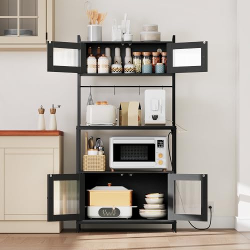 HOOBRO Bakers Rack with Storage Cabinet, 5-Tier Coffee Bar with Power Outlet and LED Lights, Industrial Microwave Oven Stand with Shelves, Kitchen Storage Shelf with Cabinet, Black BB13UDHB01 - color: Black