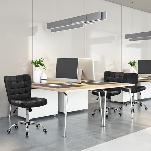 Yaheetech Black Tufted Armless Office Desk Chair with Wheels, Faux Leather | Thick foam cushioned seat tilts back to relax, lifts 18-22 in, spins 360 degrees, holds 300 lb, and assembles with ease. - color: Black