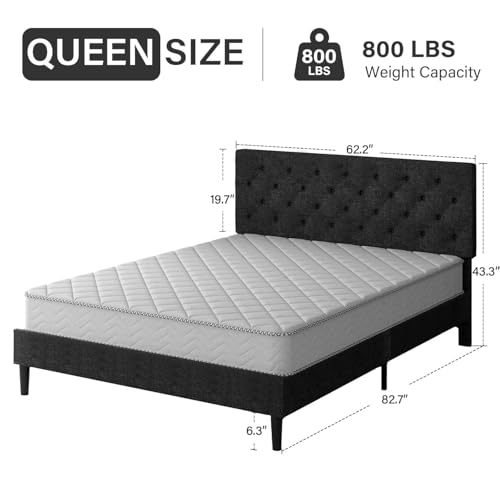 HOMBCK Queen Bed Frame, Linen Fabric Upholstered Bed Frame Queen Size, Wood Slats Support, Button Tufted, No Box Spring Needed, Dark Grey - color: Dark Grey, size: Queen