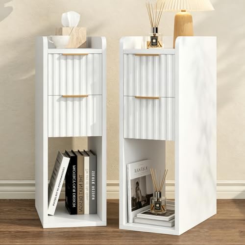 Narrow Nightstand Set of 2, 7.9" Wood Nightstands w/Fluted 2 Drawer, Slim Bed Side End Table Small Spaces Modern Skinny Wooden Night Stand for Bedroom, Living Room, White