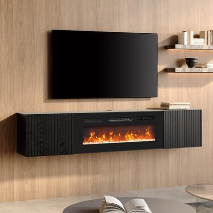 WAMPAT Modern Floating TV Stand with Electric Fireplace, Black | Media Console for TVs up to 80", Wooden Entertainment Center, 36" Fireplace, TV Shelf Cabinet for Living Room or Bedroom
