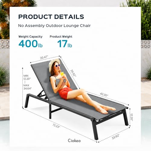 Aluminum Chaise Lounge Ourdoor - Foldable & Assemble Free Outdoor Lounge Chair with 5 Adjustable Backrest, Patio Lounge Chair for Outside Poolside Beach Pool, Grey - color: Grey, size: 1 Pack