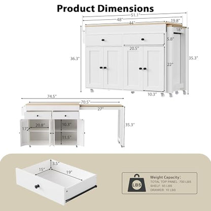 Kitchen Island, Extendable Dining Table with Storage | Extendable dining table, expands from prep station to dining table, seats up to 2 extra guests, saves space when closed - color: White
