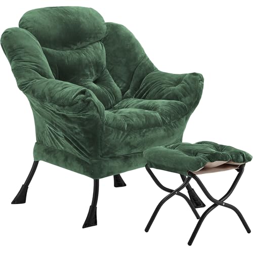 Youtanic Lazy Chair with Folding Ottoman, Accent Chair Plush Upholstered with Metal Structure and Non-Slip Pads, Sofa Armchair with Footrest and Side Storage Bag for Dorm, Room, Office, Green - color: Plush Green