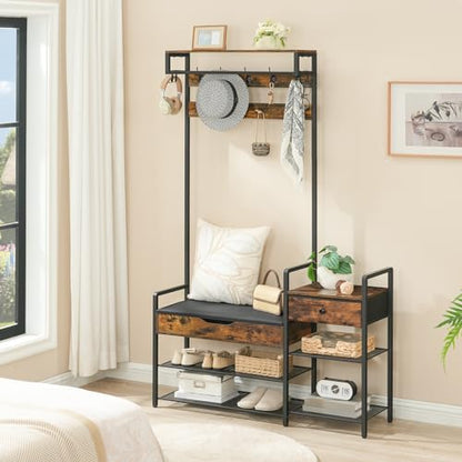 HOOBRO Hall Tree with Bench, Shoe and Coat Rack for Entryway, Coat Rack with Bench, Flip Top Storage Box, PU Cushioned Seat, Non-Woven Fabric Drawer, for Entrance, Rustic Brown and Black BF110MT01 - color: Rustic Brown + Black