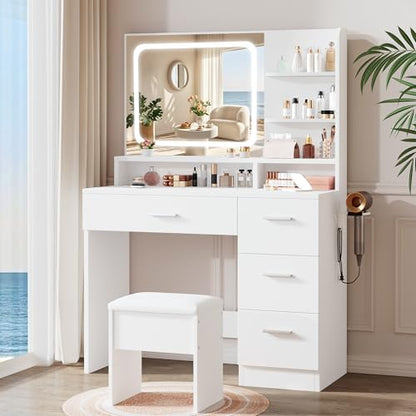 LIVELYGLOW Small Makeup Vanity Stool,15.7" W x 10.2" D x 16.7" H，White（Easy Assembly,PU Cushion Mat, Footstool） - color: Pure White