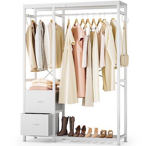 Clothes Rack with 2 Rods, Shelves, Drawers & Hooks, Garment Rack | Clothes rack with 2 hanging rods (50lbs each), 2 shelves, 2 fabric drawers & 4 hooks. 300lb total capacity. Fits small spaces - color: White