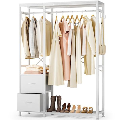 Clothes Rack with 2 Rods, Shelves, Drawers & Hooks, Garment Rack | Clothes rack with 2 hanging rods (50lbs each), 2 shelves, 2 fabric drawers & 4 hooks. 300lb total capacity. Fits small spaces - color: White
