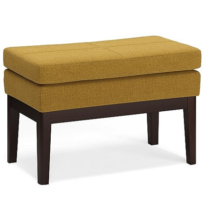 SIMPLIHOME Carlson 27" Wide Woven Fabric Rectangle Ottoman in Marigold | Mid-century modern ottoman with a padded seat for extra seating in bedroom or entryway; footstool, footrest. - color: Marigold, style: Small Ottoman Bench