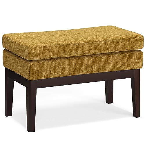 SIMPLIHOME Carlson 27" Wide Woven Fabric Rectangle Ottoman in Marigold | Mid-century modern ottoman with a padded seat for extra seating in bedroom or entryway; footstool, footrest. - color: Marigold, style: Small Ottoman Bench