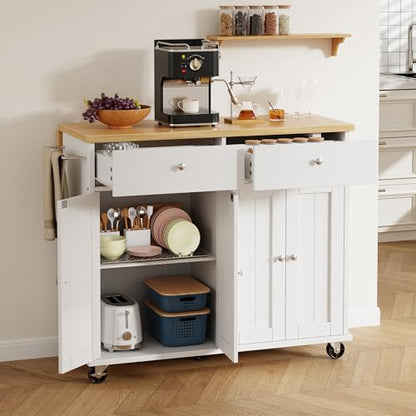 Shintenchi Kitchen Island with Drop Leaf, Rolling Kitchen Cart with Storage on Wheels, Table Bar Cart for Kitchen with Towel Rack & Seating Area for Dining Room, White - color: White