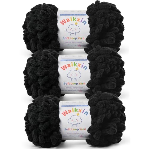 Super Soft Loop Yarn for Finger Knit, 3 Pack of 7.05 oz /19.5 yds Each, Chunky Blanket Yarn for Hand Knitting, #7 Jumbo Chenille Yarn, Fluffy Baby Blanket Yarn for Crochet Amigurumi (3 Black) - color: 3 Black
