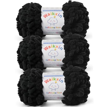 Super Soft Loop Yarn for Finger Knit, 3 Pack of 7.05 oz /19.5 yds Each, Chunky Blanket Yarn for Hand Knitting, #7 Jumbo Chenille Yarn, Fluffy Baby Blanket Yarn for Crochet Amigurumi (3 Black) - color: 3 Black