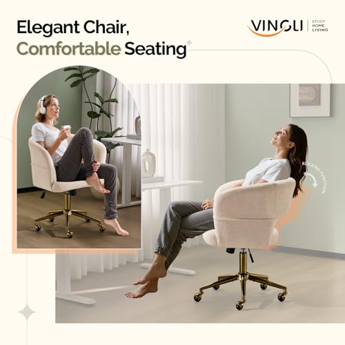 VINGLI Modern Curved Office & Vanity Desk Chair, Cute Upholstered Nail Chair with Wheels & 360° Swivel & Club & Tilting & Gold Base, for Living Room,Bedroom,Makeup, Velvet Chenille, Beige - color: Beige