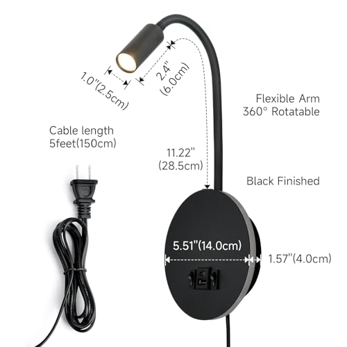 Wall Mounted Reading Light with USB & USB-C Charging Port, Plug-in LED Headboard Reading Light, with Ambient Lighting, Bedside Spot Wall Lamps with Flexible Gooseneck, Black Finished - color: Not Dimmable/Warm White/USB&USB-C