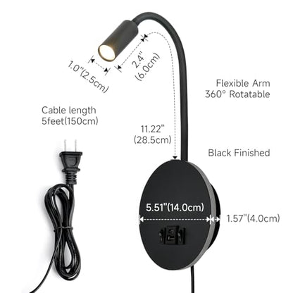 Wall Mounted Reading Light with USB & USB-C Charging Port, Plug-in LED Headboard Reading Light, with Ambient Lighting, Bedside Spot Wall Lamps with Flexible Gooseneck, Black Finished - color: Not Dimmable/Warm White/USB&USB-C