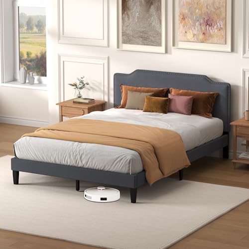 Queen Size Bed Frame with Upholstered Headboard, Platform Bed with Soft Linen Adjustable Headboard | Elegant Studded Design | Wooden Slats | No Box Spring Needed, Queen Bed Frame Dark Grey - color: Dark Grey, size: Queen (U.S. Standard)