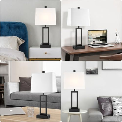 23.5" Touch Control Table Lamps Set of 2, Bedside Lamp with 2 USB Ports & AC Outlet, 3-Way Dimmable Nightstand Lamp with White Linen Shade for Living Room Bedroom End Table Office(2 LED Bulb Included) - color: White