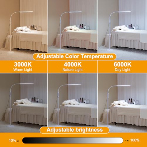 Bright LED Eye-Protecting Reading Floor Lamps with Touch and Remote Dimming 3000-6000k for Eyelash Manicure Craft Drawing Makeup Living Room Bedroom Office, Adjustable Gooseneck Modern Standing Light - color: New White