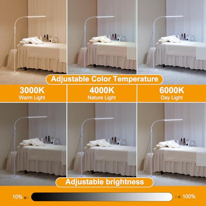 Bright LED Eye-Protecting Reading Floor Lamps with Touch and Remote Dimming 3000-6000k for Eyelash Manicure Craft Drawing Makeup Living Room Bedroom Office, Adjustable Gooseneck Modern Standing Light - color: New White