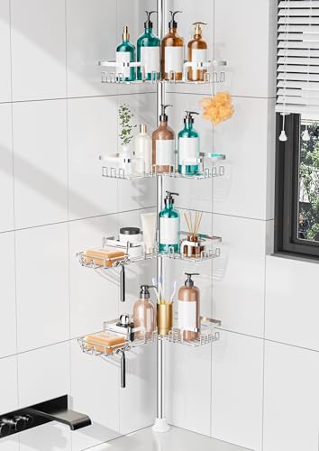 KEGII Shower Caddy Tension Pole, Rustproof Corner Organizer, Silver | No Drill Adjustable Shower Shelf with Soap Holder and Hooks, 25-114.2 inch Storage Solution for Families and Renters - color: Silver