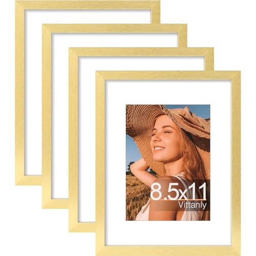 Vittanly 8.5x11 Picture Frames Set of 4, for Wall Mounting, Gold | Display Pictures 6x8 with Mat or 8.5x11 without Mat, Gallery Wall Frame Set Engineered Wood with Shatter Resistant Plexiglass - color: Gold, size: 8.5x11