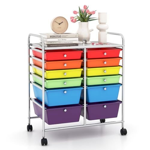 12 Drawer Rolling Storage Cart, Craft Cart Organizer on Wheels w/Metal Frame, Large Capacity & Smooth Drawer, Rolling Cart w/Drawers for Classroom, Office - color: Multicolor, size: 12 Drawer