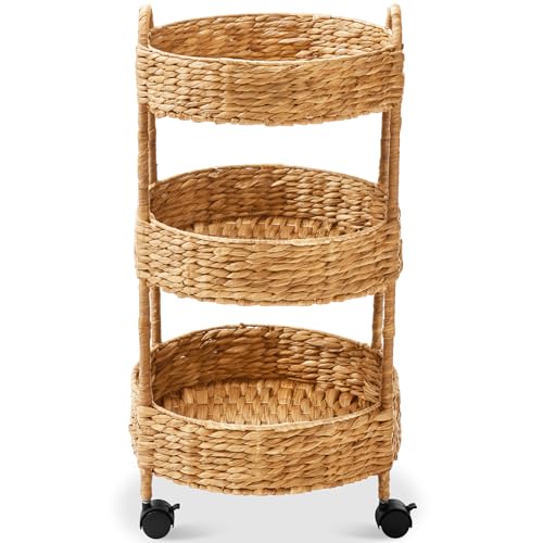 Best Choice Products 3-Tier Round Rolling Nursery Caddy w/Wheels, Handwoven Utility Cart, Storage Organization for Bathroom, Craft Room, Laundry Room - Natural - color: Natural