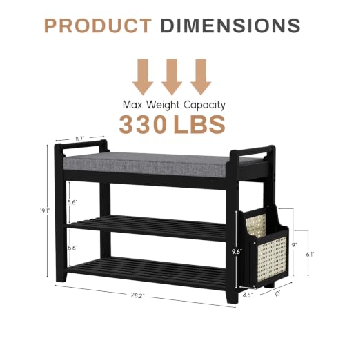 Homaxy 2-Tier Shoe Rack Bench, 28.2 in, Black and Dark Grey | Bamboo Entryway Bench, with Side Holder, Shoe Rack Organizer with Cushion for Front Entrance, Hallway Living Room Bedroom - color: Black and Dark Grey, size: 28.2 in