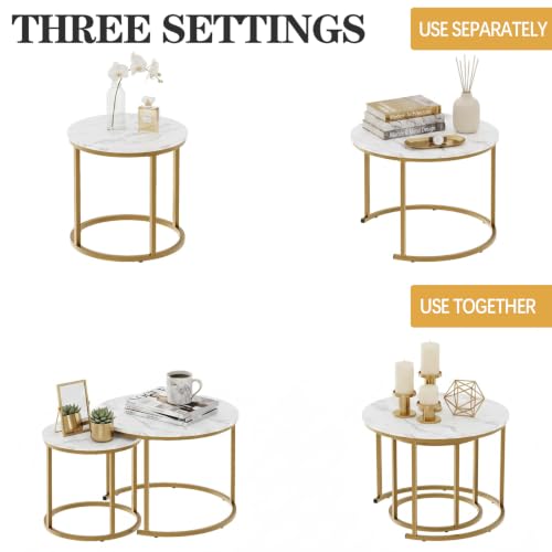 aboxoo Nesting Coffee Table Round Tables for Living Room,Faux Marble Round Accent Table with Gold Metal Frame,Modern Stackable End Table for Living Room Bedroom Small Space - color: White Marble & Gold