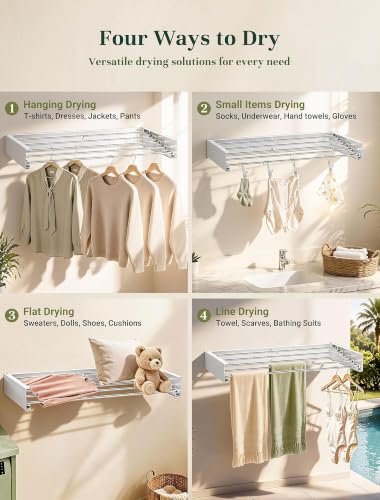 32'' Wall Mounted Clothes Drying Rack, Foldable & Collapsible Wall Mount Laundry Rack w/ 5 Thickened Rods & 4 Hooks, Space Saver Hanging Drying Rack Clothing for Laundry Room Bathroom Indoor