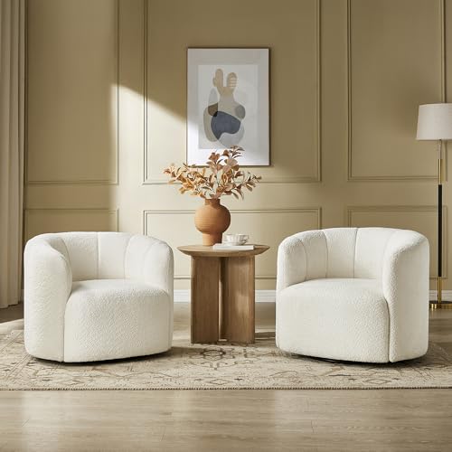 Swivel Accent Chair, No Assembly Required Upholstered Boucle Fabric Barrel Chair for Living Room Set of 2, Beige - size: 2 swivel chair