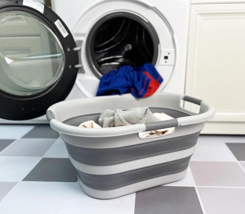 SAMMART 40L (10.5 gallon) Collapsible Plastic Laundry Hamper - Foldable Pop Up Storage Container/Organizer - Portable Washing Tub - Space Saving Basket (1, Grey/Dark Grey) - color: Grey/Dark Grey