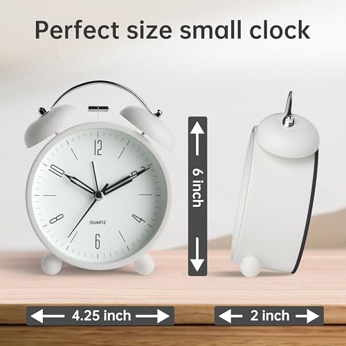 Twin Bell Loud Alarm Analog Alarm Clock, 4 inch Super Silent Non Ticking Small Clock with Night Light, Battery Operated, Simple Design, Old Fashioned, for Heavy Sleeper, Bedroom, Bedside, Desk, White - color: White+twin Bell