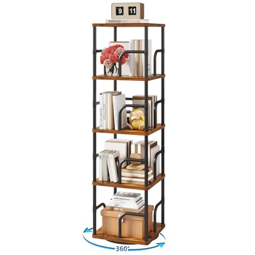 IBUYKE 5 Tier Rotating Bookshelf,Square Bookcases,Brown TBC004H | 360°Spinning Bookcases Tower Freestanding Corner Bookshelf with Rails Industrial Bookcase Organizer for Bedroom Living Room - color: Rustic Brown, size: 5 Tier