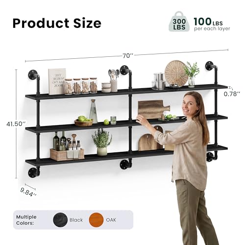 HDDFER Floating Shelves 70 inch Wall Bookshelf Industrial Pipe Shelving Shelves Real Wood Planks Rustic Wall Shelves Hanging Bookshelves Farmhouse Kitchen Bar Shelving - color: Black, size: 3Tier70in