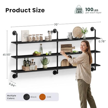 HDDFER Floating Shelves 70 inch Wall Bookshelf Industrial Pipe Shelving Shelves Real Wood Planks Rustic Wall Shelves Hanging Bookshelves Farmhouse Kitchen Bar Shelving - color: Black, size: 3Tier70in