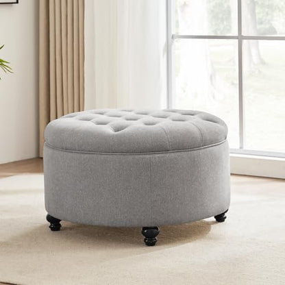 HUIMO 30-Inch Round Storage Ottoman, Button Tufted Coffee Table(Grey) | Ottoman Coffee Table with Removable Top, Upholstered Ottoman with Storage, Footrest Stool for Living Room, Bedroom and Office - color: Grey