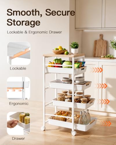 Pipishell Rolling Storage Cart with Drawers & Lockable Wheels, 5 Tier Kitchen Cart with Safety Stops & Vented Design, Wood Top, Pull-Out Utility Cart for Kitchen, Home Office, Bedside, White - color: White, size: 12.6”W x 13.8”D x 33.5”H