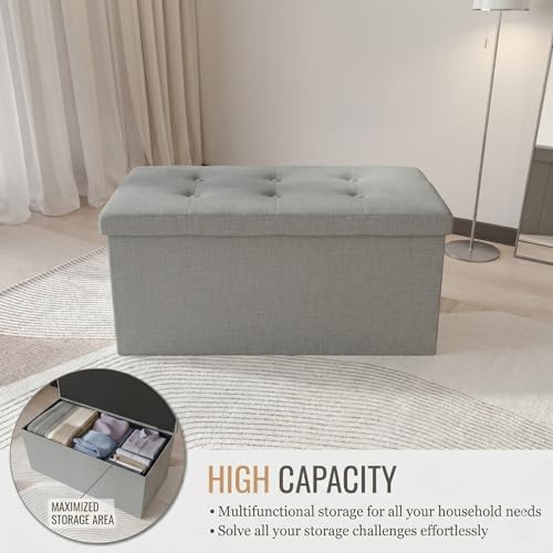 HOME DESIGN Florence 30" Upholstered Folding Storage Ottoman Bench, Tufted Top, Space-Saving Storage, Gray Linen Fabric - color: Gray Linen