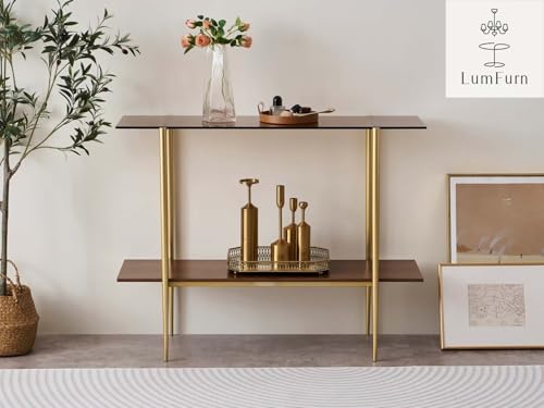 LumFurn Glass Console Table for Living Room, Foyer & Entrance, 2-Tiers Mid-Century Modern Sofa Table with Amber Glass Top, Walnut Finish Wood Shelf and Gold Finish Frame - color: L40.9" Amber & Walnut