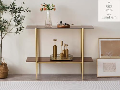 LumFurn Glass Console Table for Living Room, Foyer & Entrance, 2-Tiers Mid-Century Modern Sofa Table with Amber Glass Top, Walnut Finish Wood Shelf and Gold Finish Frame - color: L40.9" Amber & Walnut