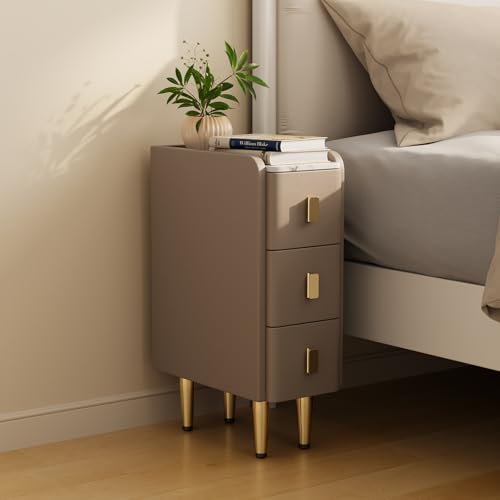 AQIMUELE Narrow Nightstand with Drawers, Narrow Side Table Leather, Small Bedside Tables for Bedroom. (Beige) - color: Beige, size: 7.8"W x 15"D x 22.8"H