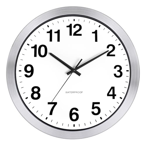 Caysie 16 Inch Sealed Indoor Outdoor Clocks Waterproof, Silent Battery Operated Quartz Metal Wall Clock for Patio Pool Bathroom Home (Silver) - color: Silver, size: 16 Inch