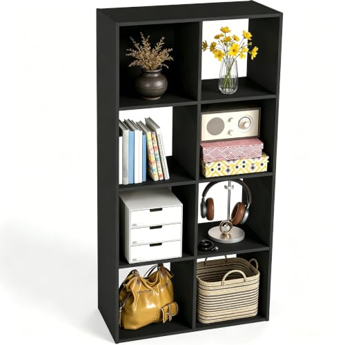 HealSmart 8 Cube Storage Organizer, 4-Tier Stackable Open Bookcase with Detachable Back Panels, Multi-Size Storage Unit 47.7" L×11.6" W×24" H for Bedroom Living Room Home Office, Black - color: Black, size: 8 Cube
